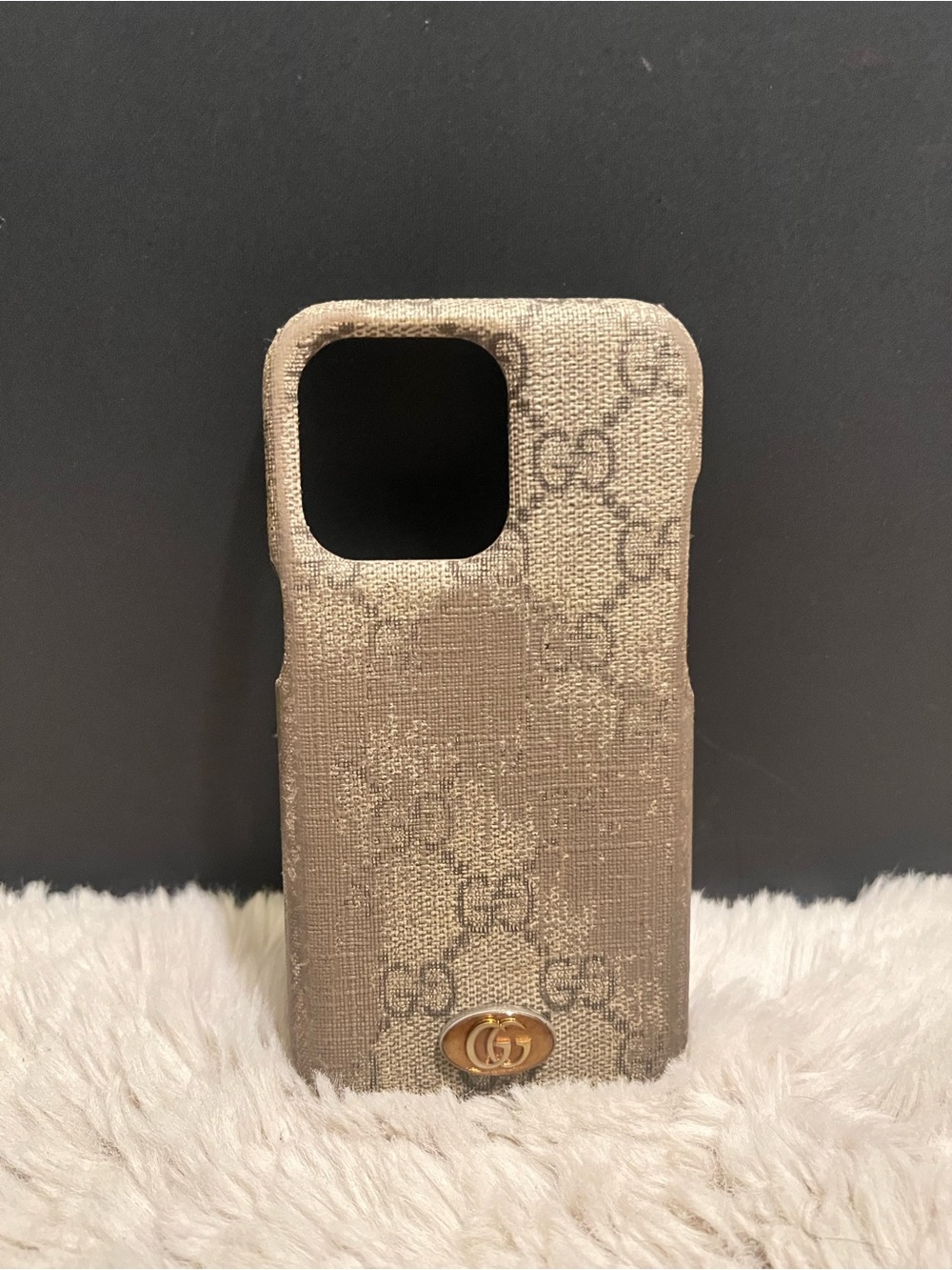 Gucci Beige Monogram Phone Case with Gold Double G Accent